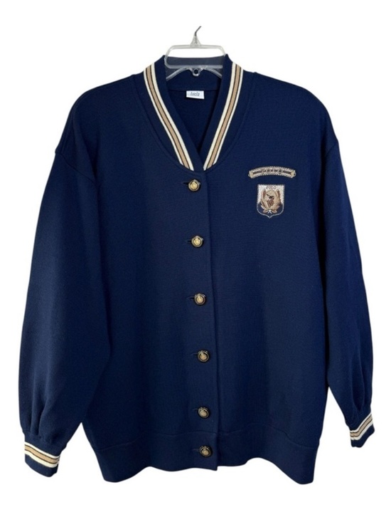 Vintage Sweaters - Vtg “Polo” Varsity Cardigan Sweater Size 40 = Large Navy Blue Equestrian Prep